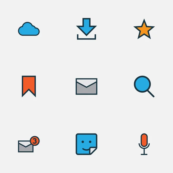 Icone di rete linea colorata con elementi di ricerca, messaggio, adesivo e altri badge. Isolate icone di rete di illustrazione vettoriale . — Vettoriale Stock