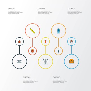 Kısa kollu, yüksük, fermuarlı ve diğer alet edevat elementleriyle süslü simgeler. İzole vektör illüstrasyonu moda simgeleri.