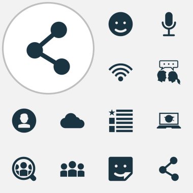 Yapıştırma, kablosuz ağ, grup ve diğer görüntülü sohbet ögeleriyle internet simgeleri ayarlandı. İzole vektör illüstrasyon İnternet simgeleri.