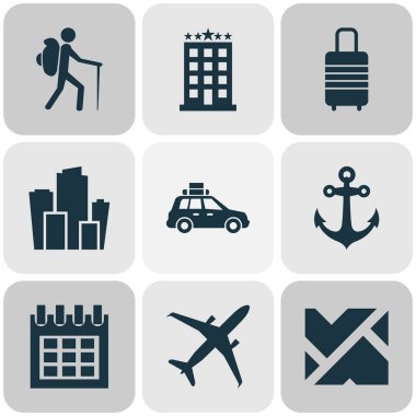 Şehir, cip, otel ve diğer metropol unsurlarıyla seyahat simgeleri oluşturuldu. İzole vektör illüstrasyon yolculuk simgeleri.
