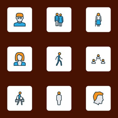 İnsan simgeleri sosyal ilişkiler, insan kafası, kullanıcı ve diğer erkek unsurları ile renklendirilmiş. İzole vektör illüstrasyon insan simgeleri.