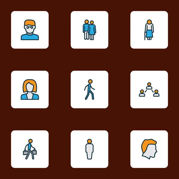 Icone umane linea colorata con relazioni sociali, testa uomo, utente e altri elementi maschili. Isolato vettoriale illustrazione icone umane . — Vettoriale Stock