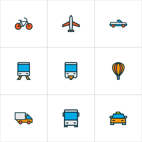 Szállítás ikonok színes vonal készlet repülőgép, vonat, kerékpár és egyéb kerékpár elemek. Elszigetelt vektor illusztráció szállítási ikonok. — Stock Vector