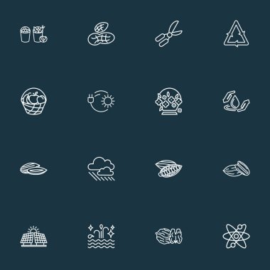 Bahçe makası, temiz su, yer fıstığı ve diğer hasat elementleriyle manzara ikonları çizgisi. İzole vektör illüstrasyon manzara simgeleri.