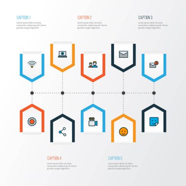 İletişim simgeleri görüntülü konuşma, emoji, sosyal ağ ve diğer rozet unsurları ile renklendirildi. İzole vektör illüstrasyon iletişim simgeleri.