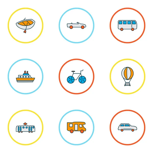 Iconos de transporte de color conjunto de línea con coche de la ciudad, autobús, bicicleta y otros elementos de la bicicleta. Iconos de transporte de ilustración vectorial aislado . — Vector de stock