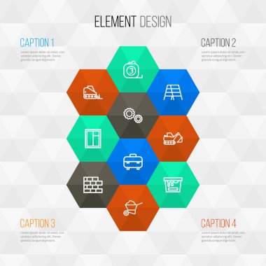 Kazıcı, taşıma arabası, boya kovası ve diğer bant cetvel elemanları ile inşaat simgeleri çizimi. İzole vektör illüstrasyon yapı simgeleri.