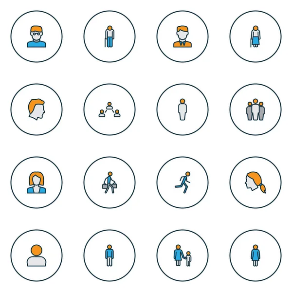 Person icons colored line set with profile, social relations, woman head and other female elements. Isolated vector illustration person icons.