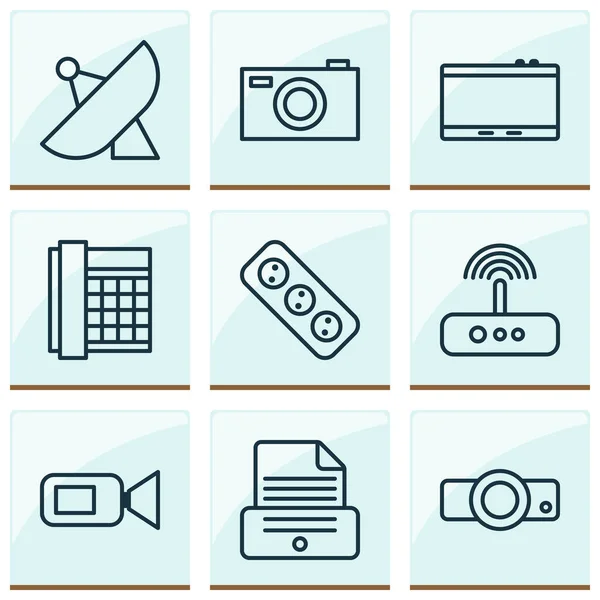Hardware icons set with projector, photocopy, video camera and other work phone elements. Isolated vector illustration hardware icons.