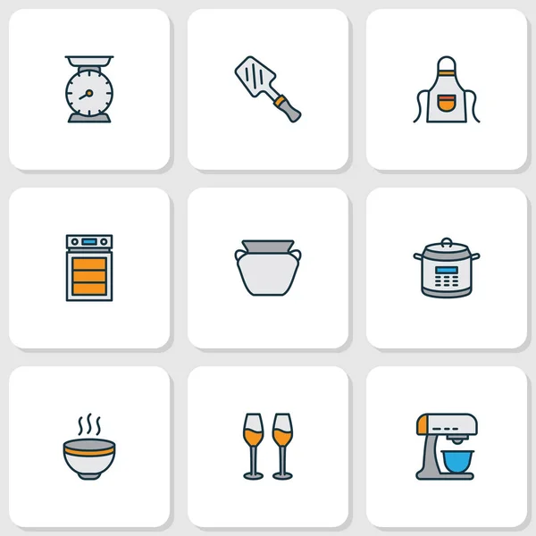 Iconos de cocina de color conjunto de línea con sopa caliente, horno, escalas de cocina y otros elementos cabernet. Iconos de cocina de ilustración vectorial aislado . — Vector de stock