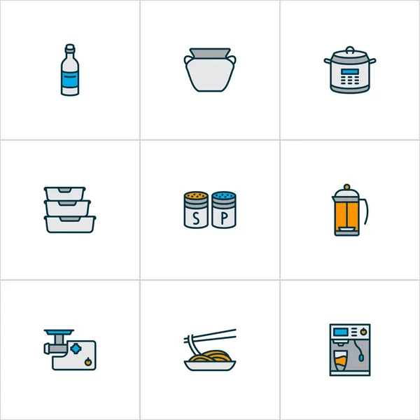 Iconos de gastronomía línea de colores con cafetera, comida japonesa, cocina múltiple y otros elementos de almacenamiento. Iconos de gastronomía de ilustración vectorial aislada . — Vector de stock