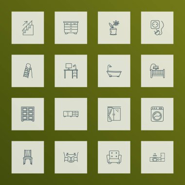 İç simgeler, çamaşır makinesi, büfe, koltuk ve diğer çamaşırhane elemanları ile birlikte dizilmiş. İzole vektör illüstrasyon iç simgeleri.