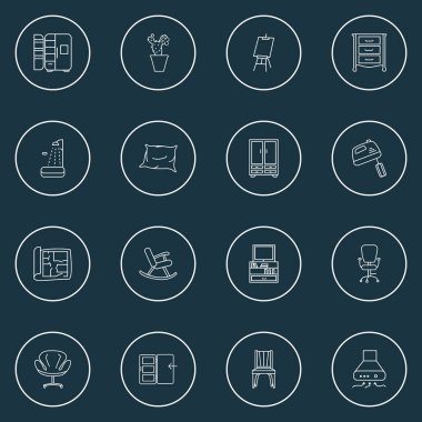 İç simgeler, pencere bitkisi, yastık, modern koltuk ve diğer küvet elementleriyle dizilmiş. İzole vektör illüstrasyon iç simgeleri.