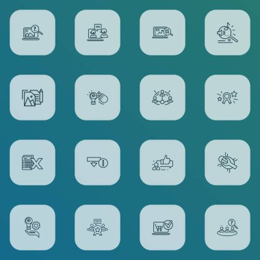 Müşteri ifadeleri, müzik araması, yardımcı pazarlama ve diğer fotoğraf içerikleri içeren motor simgeleri çizgisi biçimi. İzole vektör illüstrasyon motor simgeleri.