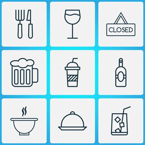 Conjunto de iconos para comer con refrescos, cubiertos, cerveza y otros elementos de pancarta cerrados. Ilustración vectorial aislada comiendo iconos . — Vector de stock