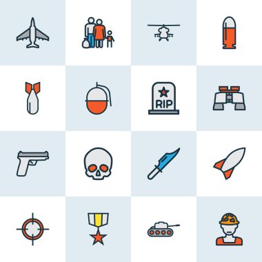 Savaş ikonları, mülteci, el bombası, bomba ve diğer füze unsurlarıyla dolu. İzole vektör illüstrasyon savaş simgeleri.