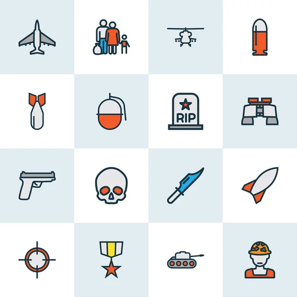 Battle pictogrammen gekleurde lijn ingesteld met vluchteling, granaat, bom en andere raketelementen. Geïsoleerde vector illustratie strijd pictogrammen. — Stockvector