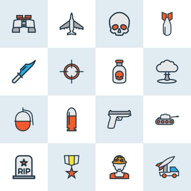 Ordu simgeleri nükleer patlama, topçu, dürbün ve diğer tabanca elementleriyle renklendirildi. İzole vektör illüstrasyon ordu simgeleri.