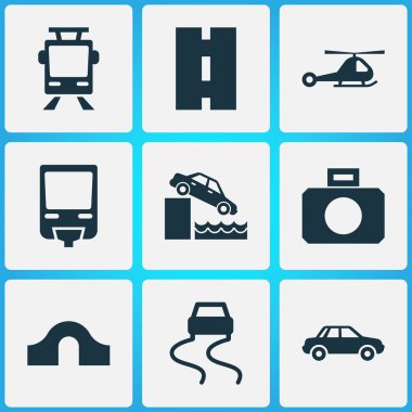 Rıhtım kenarı, kaygan yol, kambur köprü ve diğer nehir kıyısı elementleriyle taşıma simgeleri oluşturuldu. İzole vektör illüstrasyon taşıma simgeleri.