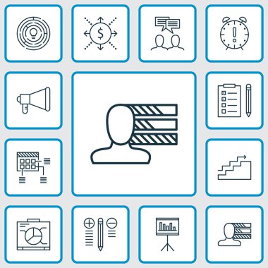 Proje simgeleri promosyon, nakit akışı, kişilik ve diğer tartışma unsurları ile ayarlandı. İzole vektör illüstrasyon projesi simgeleri.