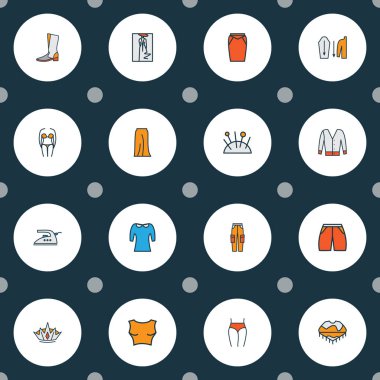 Moda çizimi, kol uzunluğu, giysi ve diğer alet edevat unsurlarıyla süslü simgeler. İzole vektör illüstrasyonu moda simgeleri.