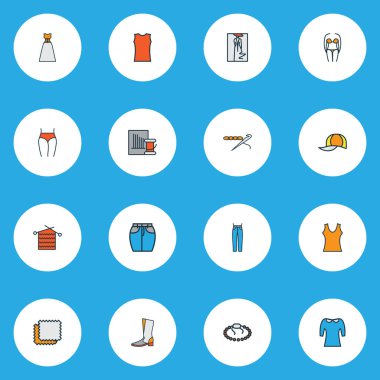 Moda çizimi, kolsuz gömlek, iç çamaşırı ve diğer giysi unsurlarıyla süslü simgeler. İzole vektör illüstrasyonu moda simgeleri.