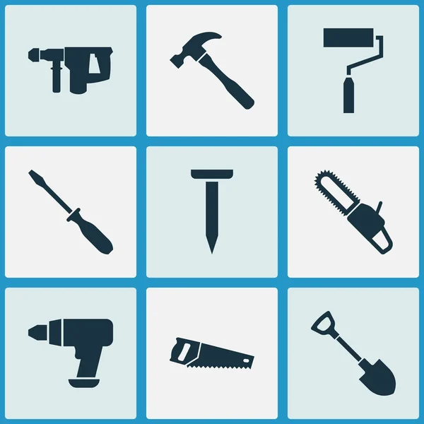 Conjunto de iconos de herramientas manuales con cepillo de rodillos, taladro, pala y otros elementos de excavación. Iconos de herramientas manuales de ilustración vectorial aislado . — Vector de stock