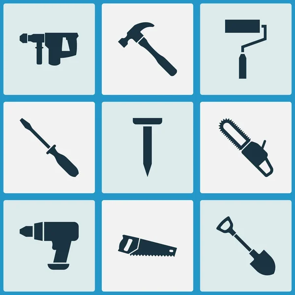 Outils à main icônes ensemble avec brosse à rouleaux, perceuse, pelle et autres éléments de creusement. Illustration vectorielle isolée icônes outils à main . — Image vectorielle