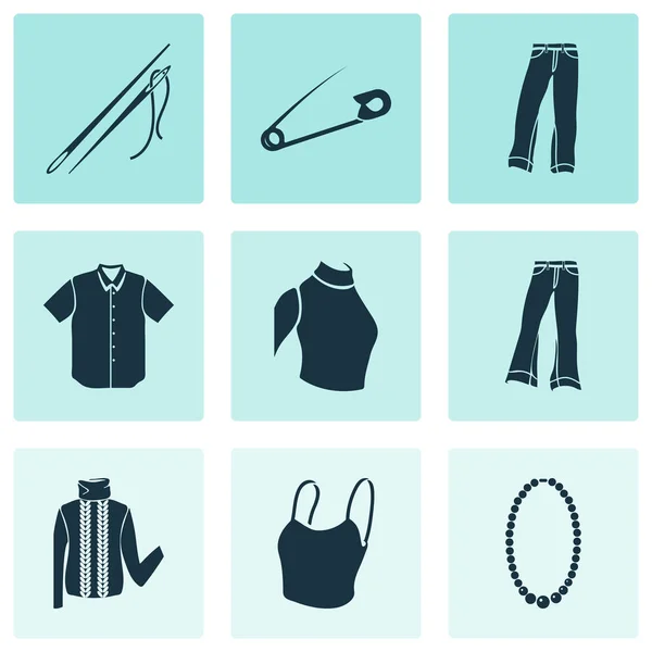 Stijl iconen bezet met coltrui, flared jeans, denim en andere juweelelementen. Geïsoleerde vector illustratie stijl pictogrammen. — Stockvector