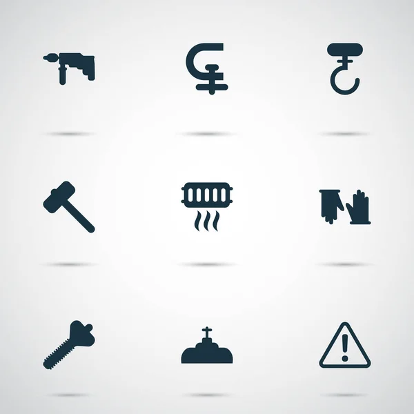 Iconos industriales con calefacción, precaución, taladro y otros elementos de válvula. Iconos industriales de ilustración vectorial aislada . — Vector de stock