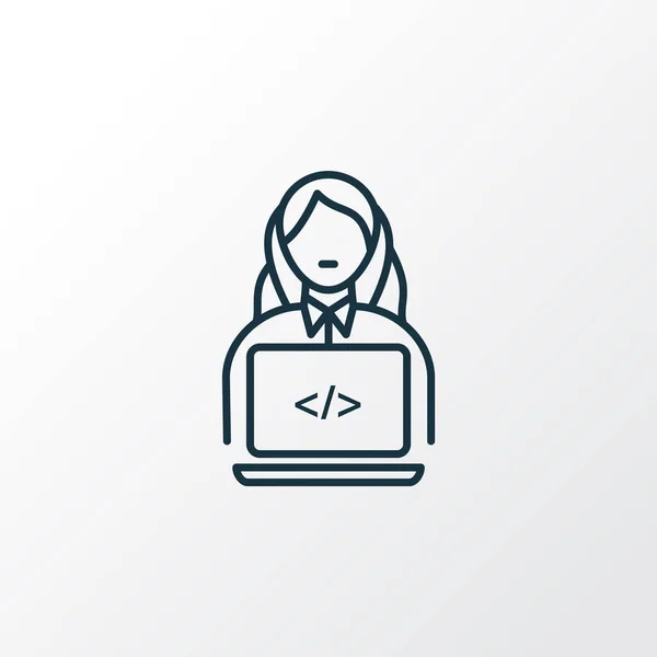 Simbolo linea icona donna programmatore. Elemento codificatore isolato di qualità premium in stile trendy . — Vettoriale Stock