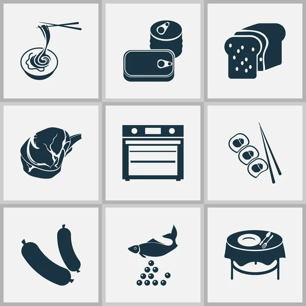 Food icons set with loaf, κρεατικά, λουκάνικα και άλλα εσωτερικά στοιχεία. Μεμονωμένα διανυσματικά εικονίδια τροφίμων. — Διανυσματικό Αρχείο