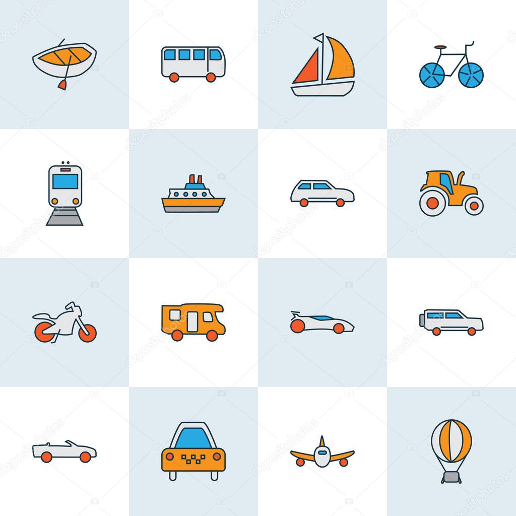 Transport icons colored line set with plane, taxi, boat and other motorbike elements. Isolated vector illustration transport icons.