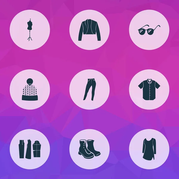 Conjunto de iconos de moda con camisa de manga corta, sombrero de invierno, sastres maniquí y otros elementos de vestir. Iconos de moda de ilustración vectorial aislado . — Vector de stock