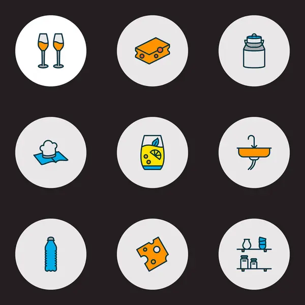 Iconos de cocina línea de colores con botella de agua, queso, copas de vino y otros elementos de higiene. Iconos de cocina de ilustración vectorial aislado . — Vector de stock