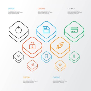 Arayüz simgeleri satır biçimi göz, yükleme, düğme ve diğer gönderme ögeleri ile ayarlandı. İzole edilmiş illüstrasyon arayüz simgeleri.