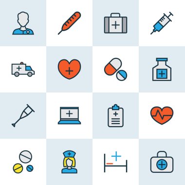 Antibiyotik simgeleri, ambulans, tıbbi ekipman, kalp ve diğer şırınga elementleriyle renklendirildi. İzole edilmiş resimli antibiyotik simgeleri.