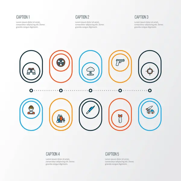 Armee-Symbole farbige Linie mit Gewehr, Flüchtling, Bombe und anderen Zielelementen gesetzt. isolierte Illustration Armee-Ikonen. — Stockfoto