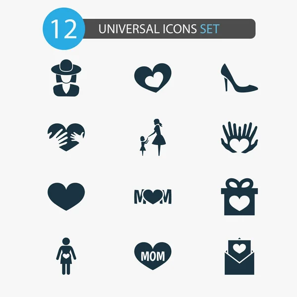 Mothers day icon design concept. Set of 12 such elements as elegant headgear, hands, daughter. Beautiful symbols for heart, love and text. — ストック写真