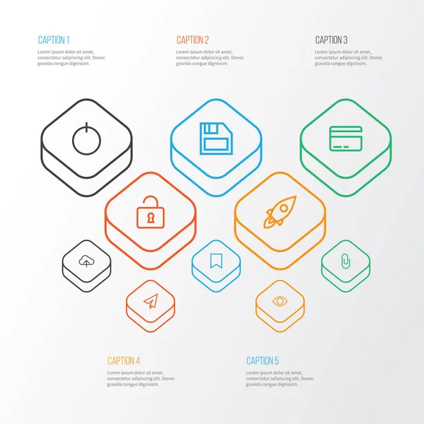 Style de ligne d'icônes d'interface réglé avec oeil, charge, bouton et autres éléments d'envoi. Isolées icônes d'interface d'illustration . — Photo