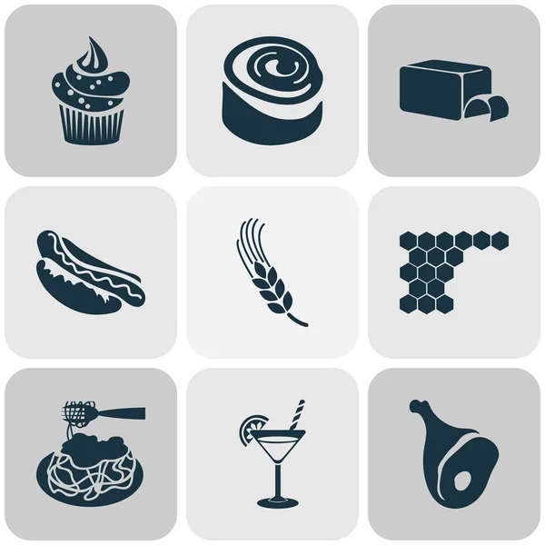 Conjunto de iconos de comida con pasta boloñesa, perrito caliente, magdalena y otros elementos de magdalenas. Iconos de alimentos ilustración aislada . —  Fotos de Stock