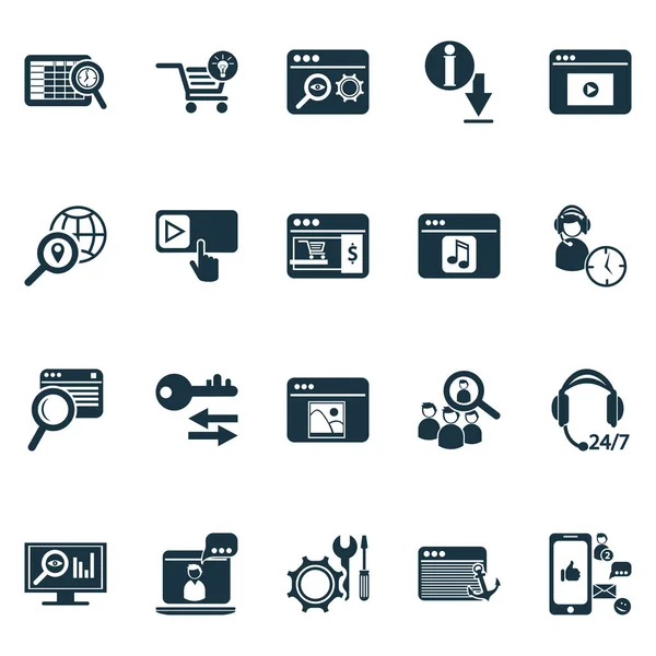 Geschäftssymbole mit Audioinhalten, lokalem SEO, Suchinhalten und anderen Registerelementen. Ikonen des Wirtschaftslebens. — Stockfoto