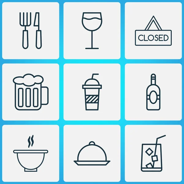 Conjunto de iconos para comer con refrescos, cubiertos, cerveza y otros elementos de pancarta cerrados. Iconos aislados para comer ilustración . —  Fotos de Stock