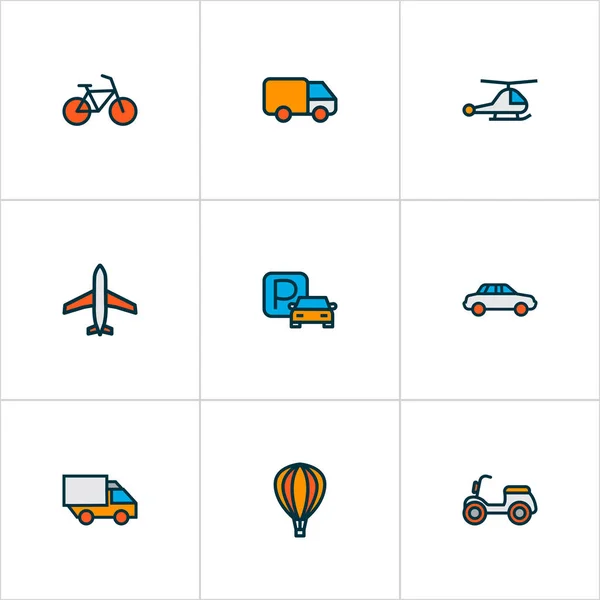 Отгрузка иконки цветной линии с фургоном, велосипедом, автомобилем и другими элементами фургона. Изолированные иконки поставок иллюстраций . — стоковое фото