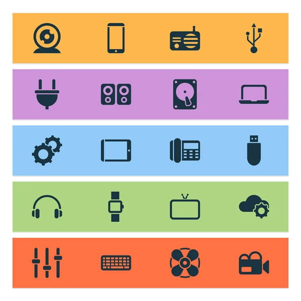 Conjunto de iconos de gadget con ajuste, ventilador, unidad flash y otros elementos fm. Iconos de gadget de ilustración aislados . — Foto de Stock