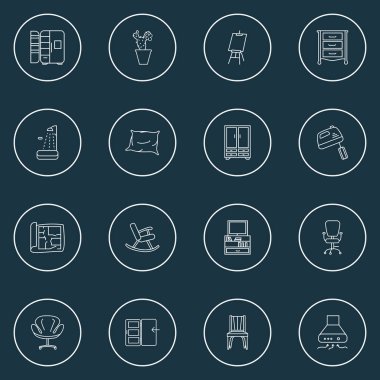 İç simgeler, pencere bitkisi, yastık, modern koltuk ve diğer küvet elementleriyle dizilmiş. Ayrı resimleme iç simgeleri.