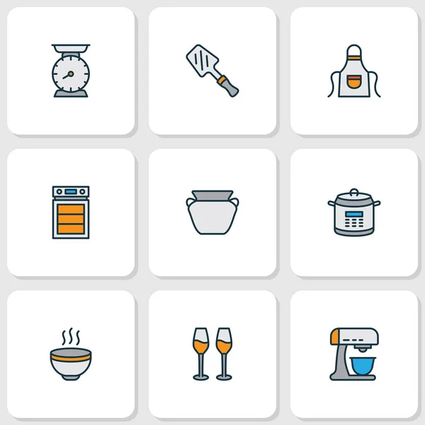 Кулінарні іконки кольорової лінії, встановлені з гарячим супом, духовкою, кухонними вагами та іншими елементами кабельної мережі. Ізольовані ілюстрації кулінарних іконок . — стокове фото