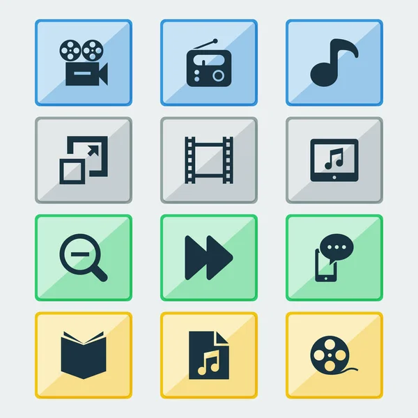 Conjunto de iconos multimedia con cámara, libro de texto, vídeo y otros elementos de tableta. Iconos de medios de ilustración aislados . —  Fotos de Stock