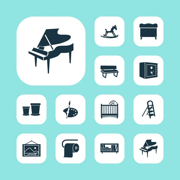 Interior icons set with crib, ottoman, bookshelf and other wooden pony elements. Isolated illustration interior icons.