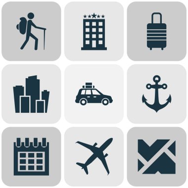 Şehir, cip, otel ve diğer metropol unsurlarıyla seyahat simgeleri oluşturuldu. İzole edilmiş illüstrasyon seyahat simgeleri.